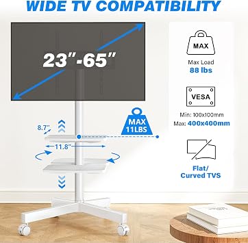 Rfiver Mobile TV Stand for 23-65 Inch Flat/Curved TVs up to 88 lbs White