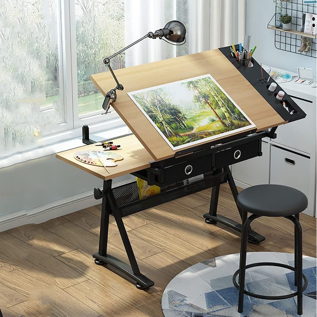 OTQEFTN Adjustable Drawing Desk with Tiltable Top, 2 Storage Drawers, Stool, and Heavy-Duty Frame, Art Desk, Drafting Table, Computer Desk