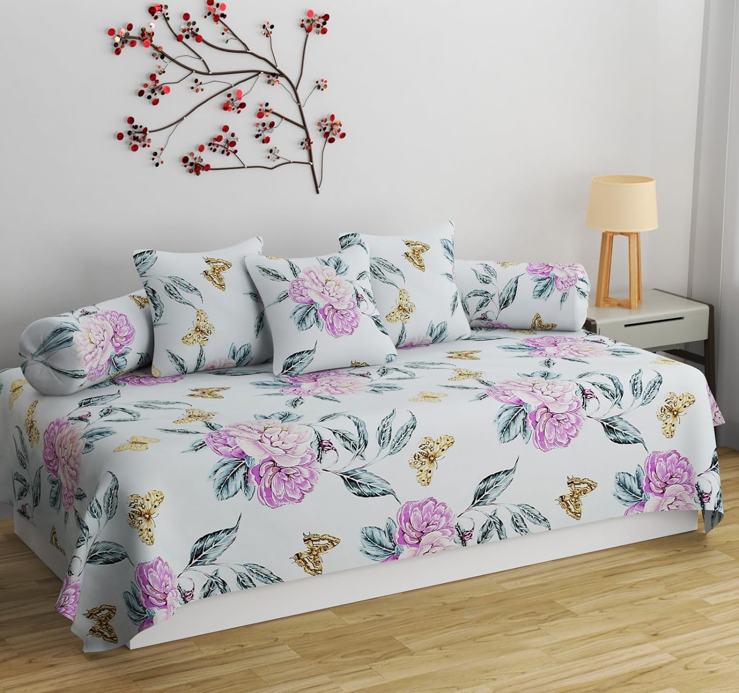 Pure Super Soft Cotton Floral Printed Diwan Set Covers 8 Pieces - 1 Single Bed Sheet (60 X 90) with 5 Cushion (16 X 16), 2 Bolster Covers (16 X 32) | White-image-40