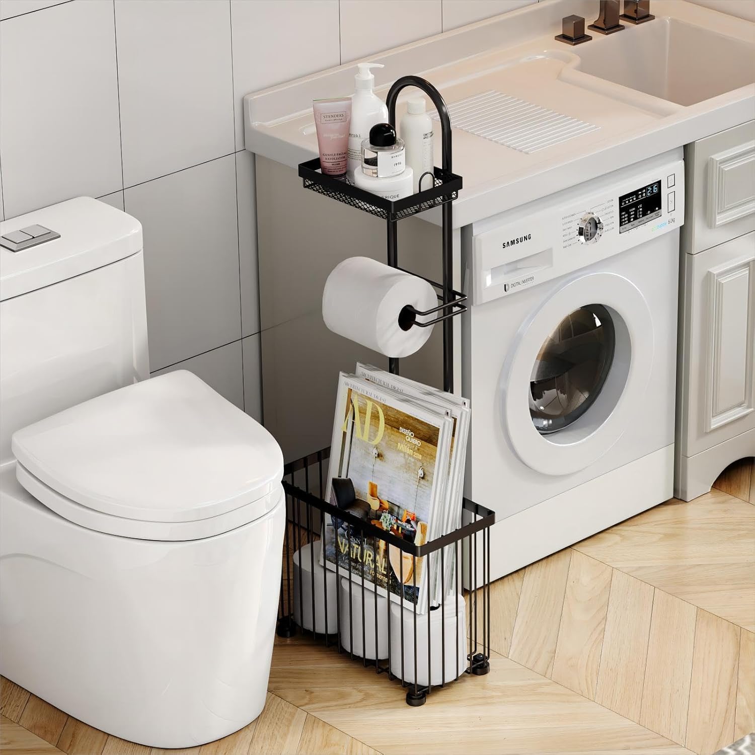 Portarrollos de papel higiénico con estante, soporte de papel higiénico de pie para revistas de baño, con soporte para tableta, para 6 rollos de papel higiénico, adecuado para baños e