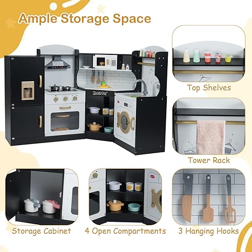 Miniatura 6 de HONEY JOY Juego de cocina esquinera para niños, cocina de madera definitiva para niños pequeños, lavadora, máquina de hielo, fregadero, microondas,