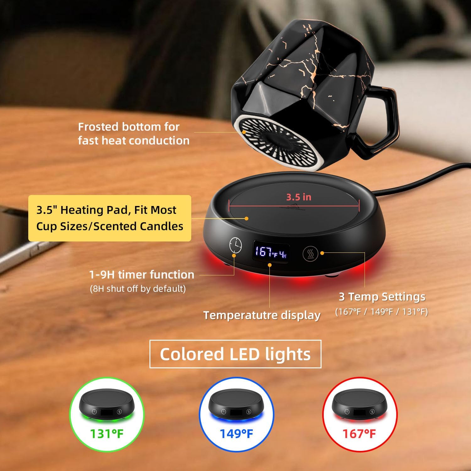 Coffee Mug Warmer & Marbling Mug Set, 1-9H Delay Start Timer Smart Heated Electric Cup Warmer for Desk Office, 3 Temperature Control Coffee Tea Beverage Warmer, 8H Auto Shut Off, Ideal Gifts for Man