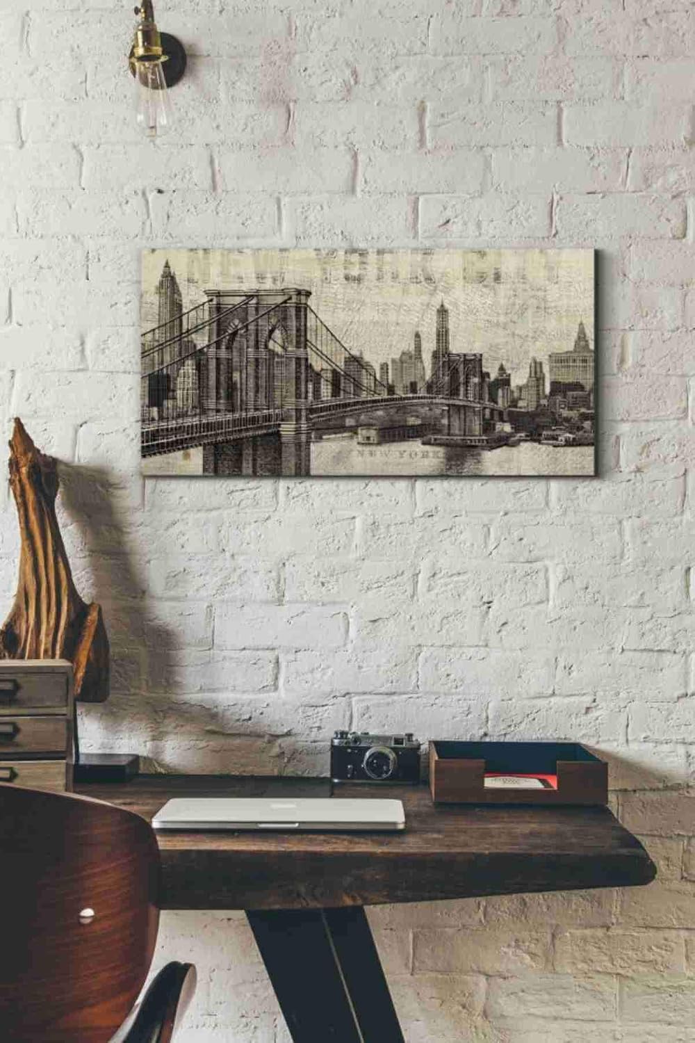 Epic Graffiti 'Vintage NY Brooklyn Bridge Skyline' by Michael Mullan, Canvas Wall Art, 24"x12"