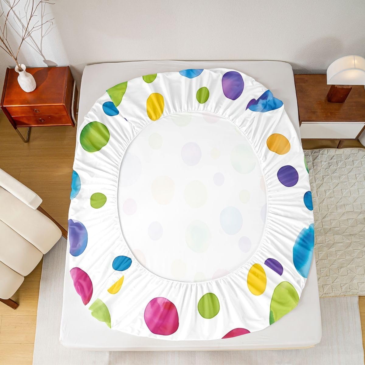 Polka Dot Kids Twin Size Fitted Sheet,Geometric Gradient Circle Boys Girls Bed Sheets,Playful Watercolor Room Decor,Rainbow White Bedding Set,1 Pillowcase(No Flat)