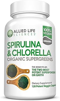 Allied Life Sciences Spirulina and Chlorella | Organic Chlorophyll Vegan Protein Powder Green Superfood | 120 Capsules