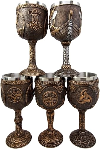 Miniatura 2 de Atlantic Collectibles Mitología nórdica Deidades vikingas Odin Loki Thor Valkyrie Battle Longship 7oz resina copa de vino cáliz juego de 5 con forro