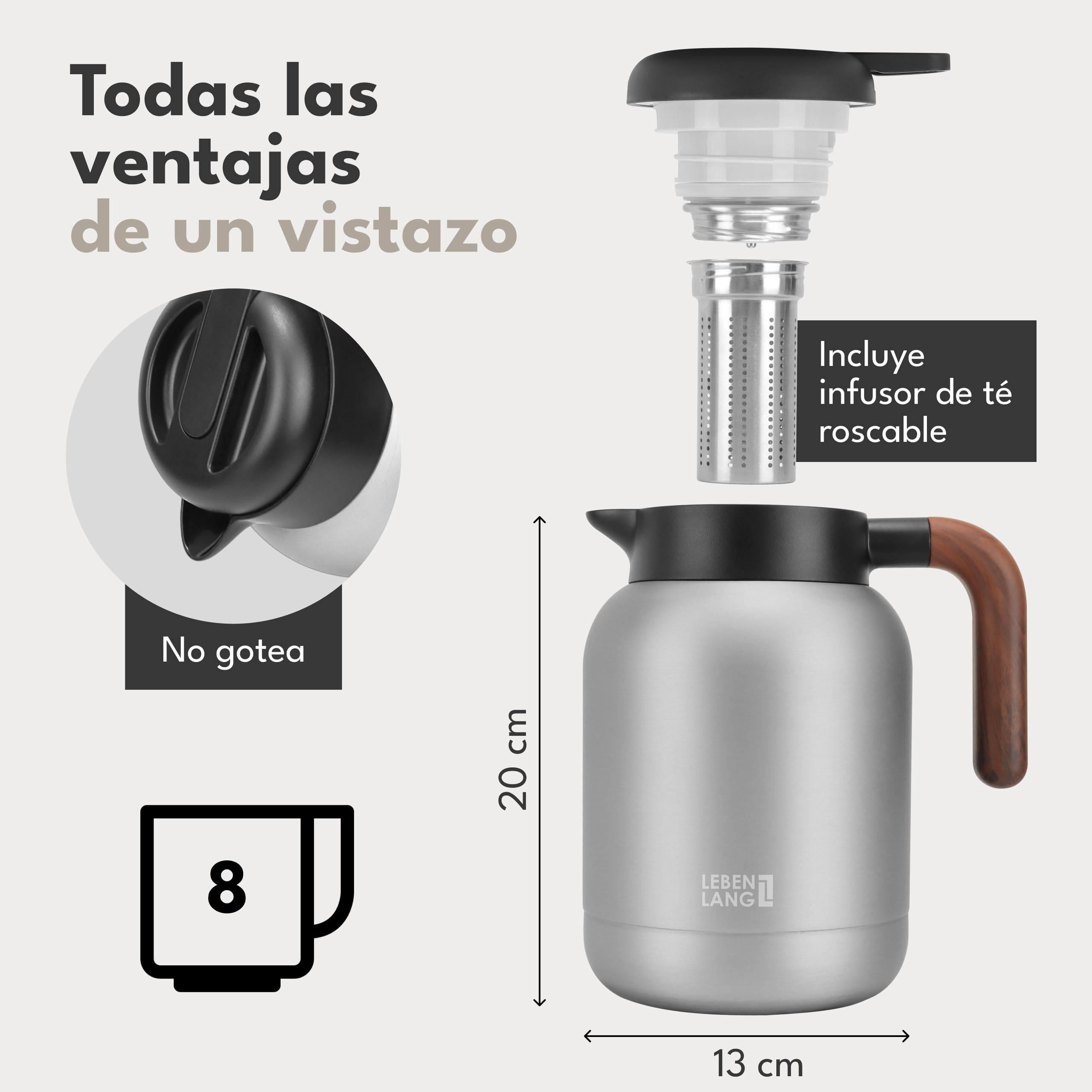 LEBENLANG Termo para cafe 1,5 l Gris - Revestimiento cerámico & sin BPA I Mantiene el calor durante 24 horas & incl. colador de té I Termos agua caliente Thermos café acero