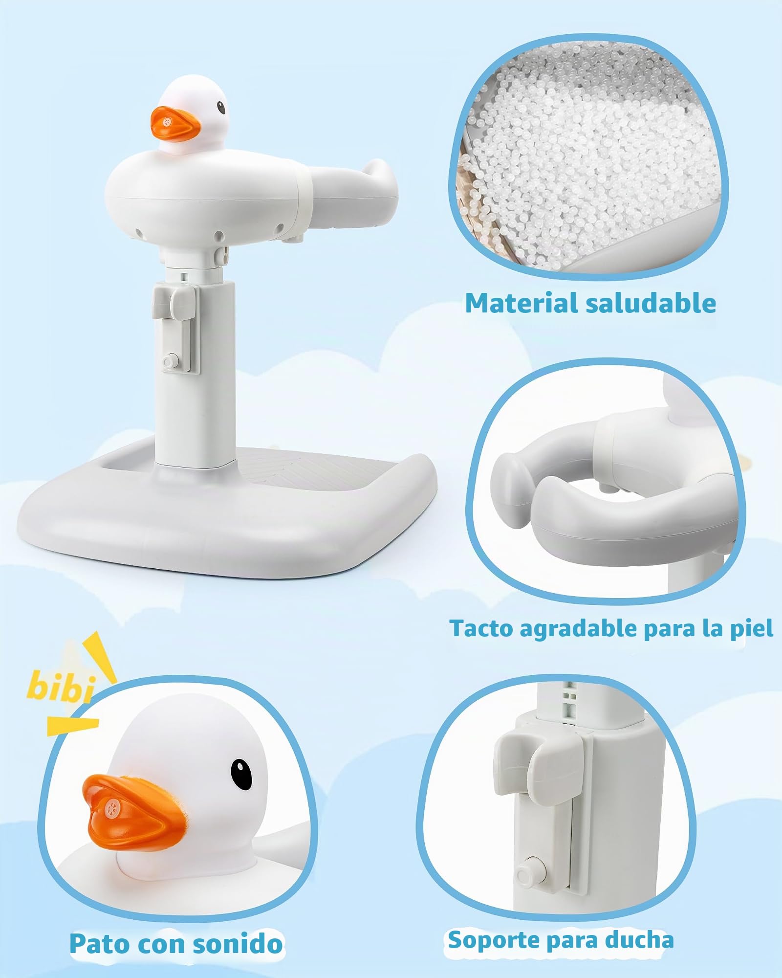 Altura ajustable para la bañera de bebé con asiento: ducha de pie con asiento para niños a partir de 6 meses – Base antideslizante y diseño de pato ayuda a la ducha infantil