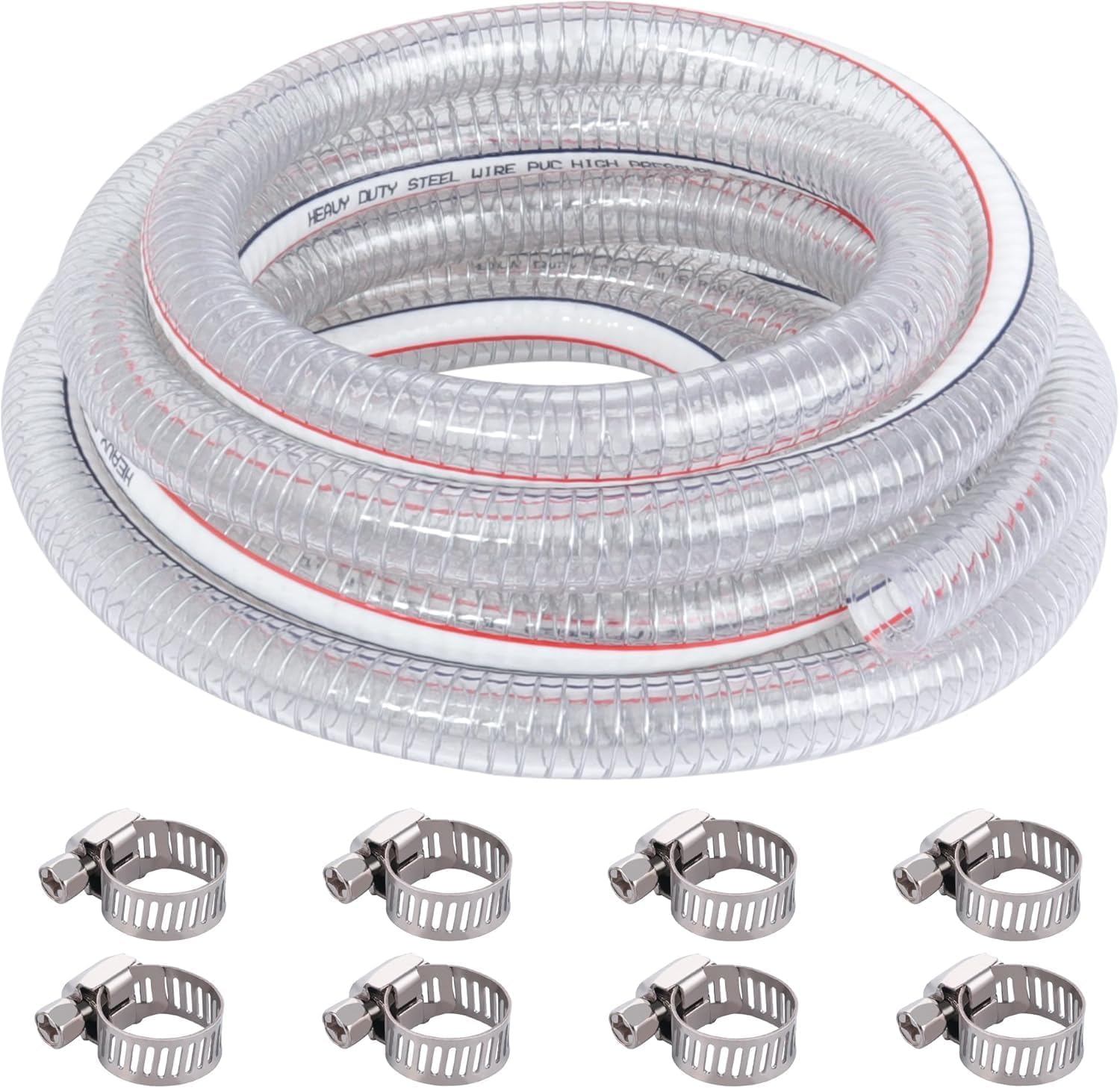 20FT 5/8" ID x 7/8" OD Steel Wire Suction Hose PVC Reinforced Tubing High Pressure Flexible Vinyl Hose Heavy Duty Clear Vacuum Suction Tube for Dust Collection Drain Fuel