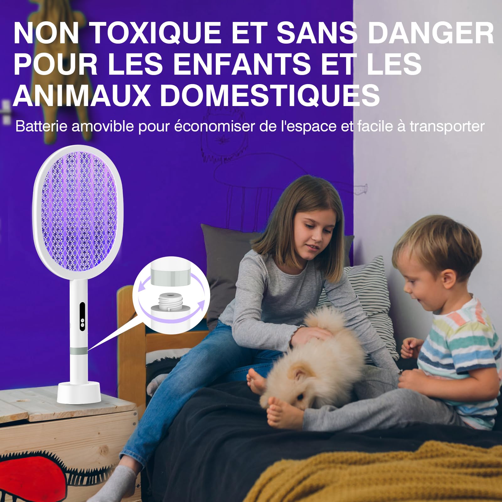 PALONE Raquette Electrique Insectes 1800mAH Chargement, Raquette Moustique Electrique Type-C Amovible, Répulsif Électronique Anti Moustiques et intenses, pour Intérieur et Extérieur (Blanc,1PC)