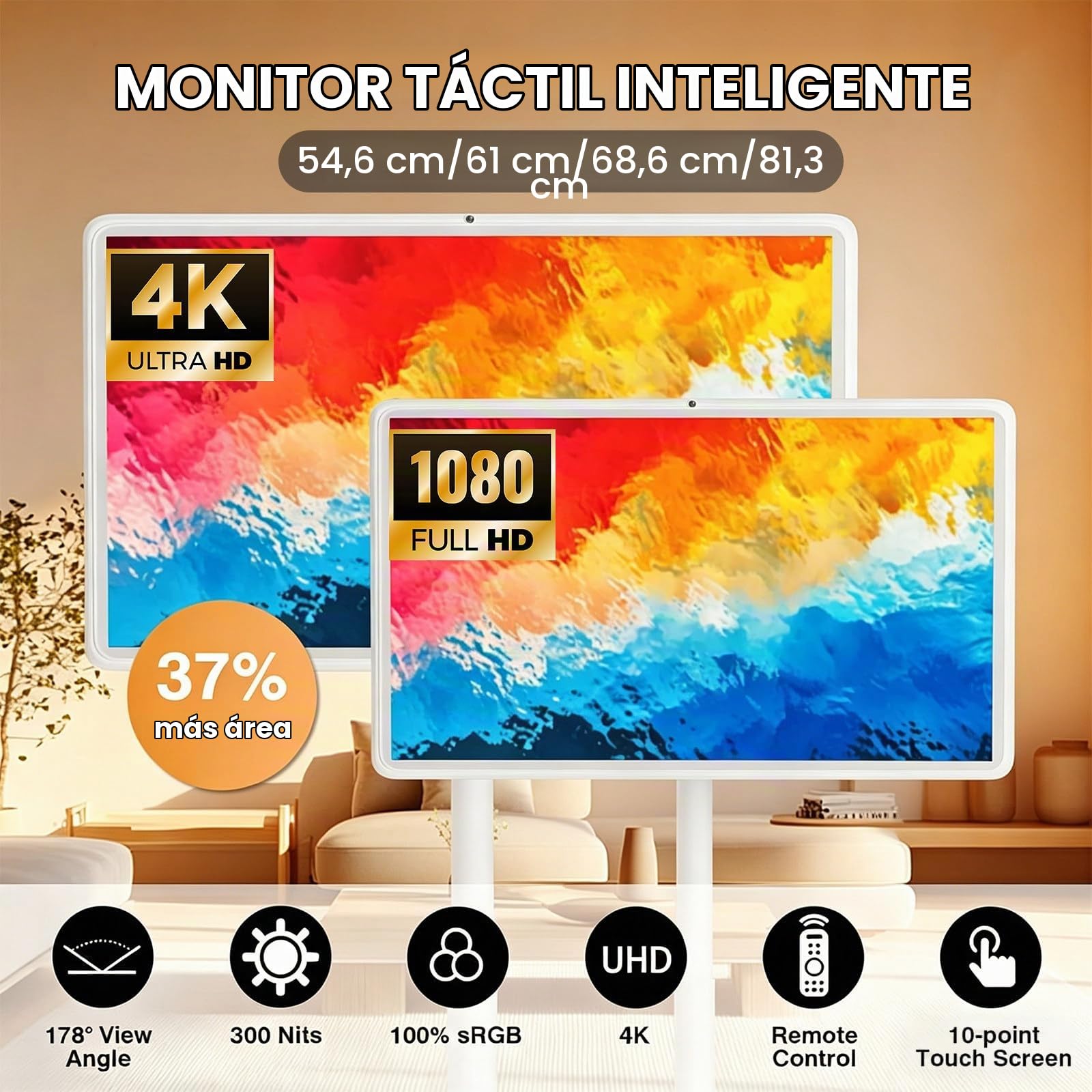 Smart TV Portátil con Ruedas, Pantalla Táctil Inteligente 21.5"/24"/27"/32" con Batería, Soporte TV de Pie Ajustable, Tablet TV Rotativa 21.5in-4+64GB