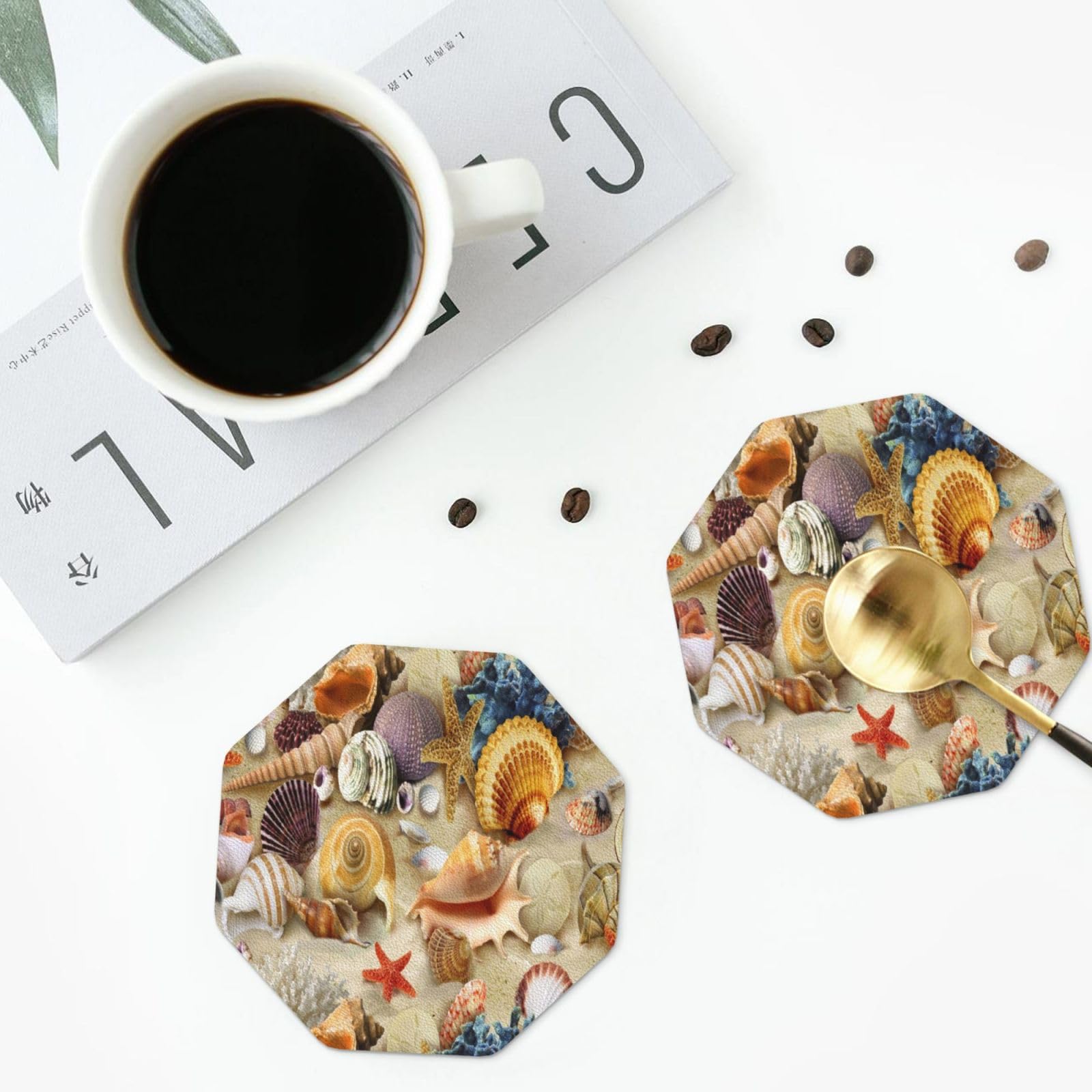 4er Set Untersetzer – Seestern & Sandstrand Motiv, Rund, 10 Cm, Aus Polyester & Recyceltem Gummi