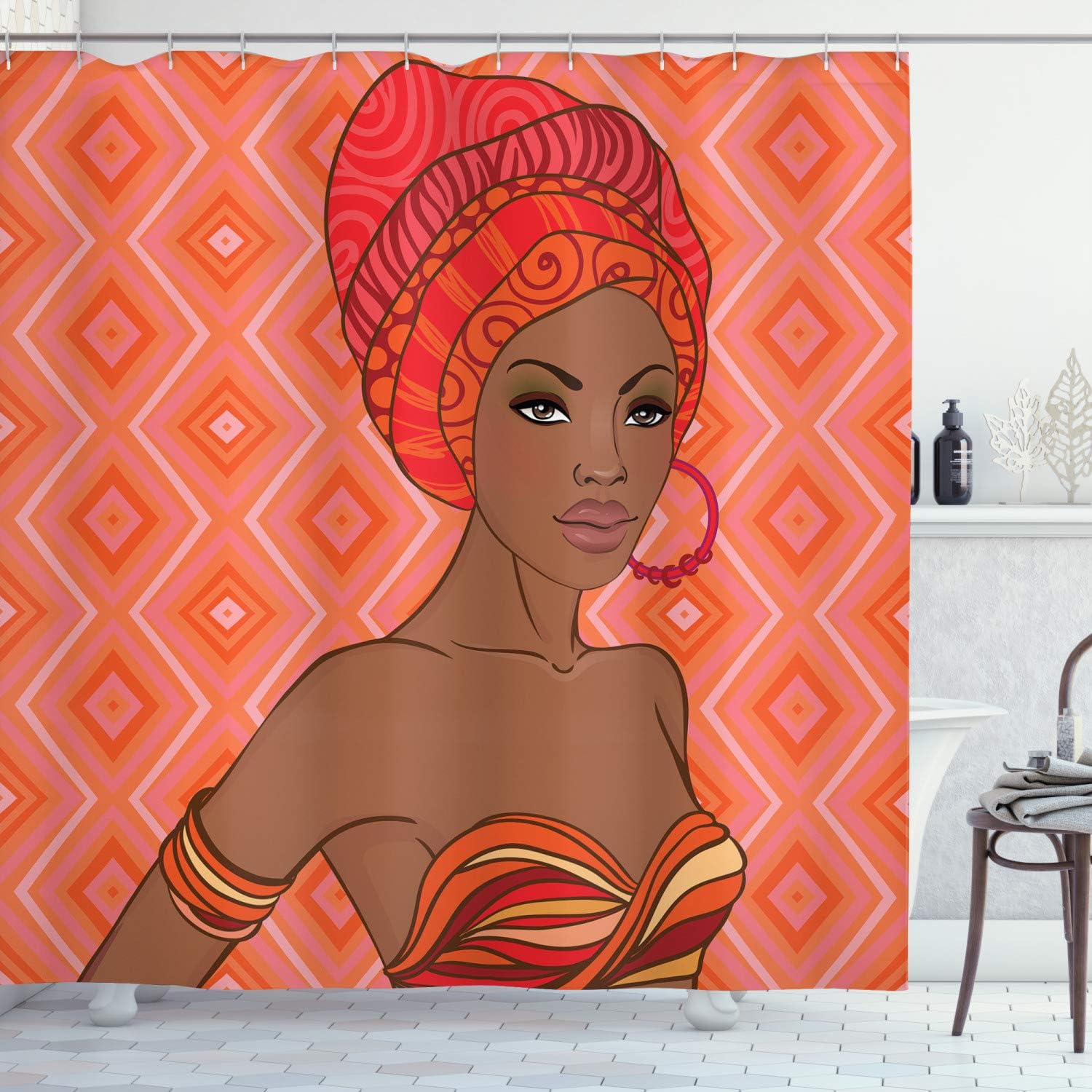 Ambesonne African Shower Curtain, Portrait of Woman in Dress Zulu Inspired Graphic Print, Cloth Fabric Bathroom Decor Set with Hooks, 69" W x 75" L, Scarlet Umber