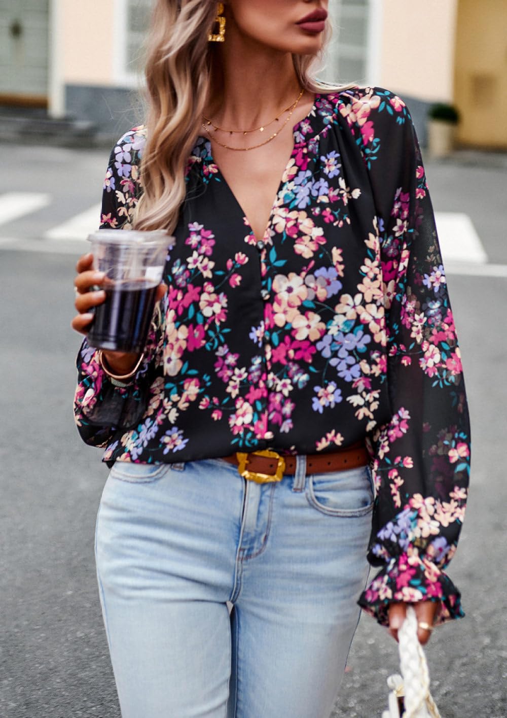 Longbluse Damen,Damenbluse, Langärmelige Hemden, Vintage-Stil, Schwarz, V-Ausschnitt, Knöpfe, Blumendruck, Elegante Strickjacke, Jacke, Lockeres Freizeithemd, Modisches Boho-Hemd