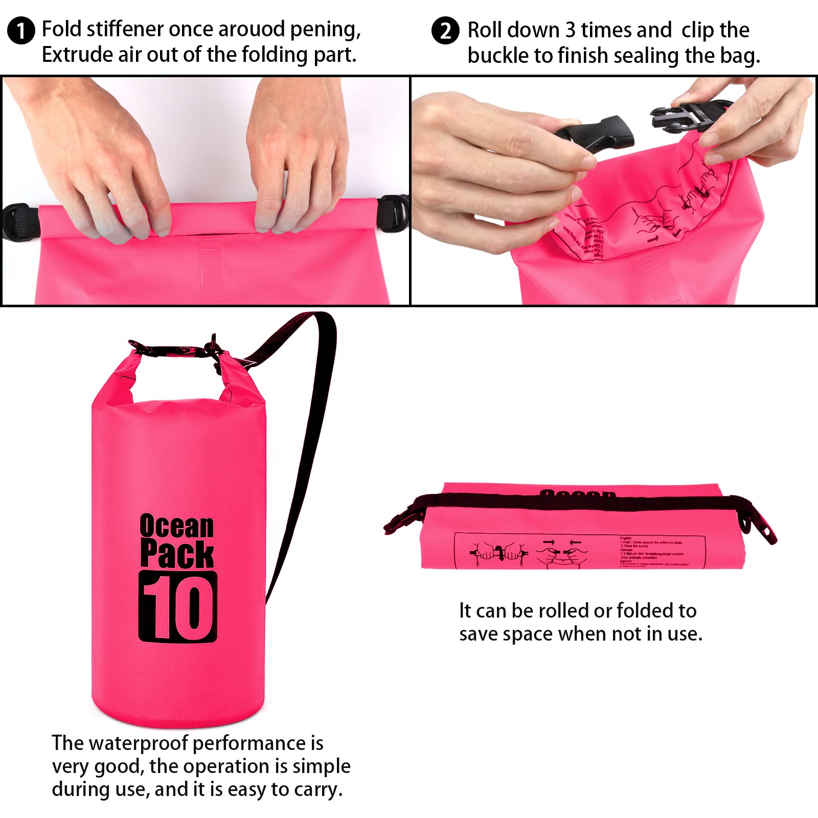 Coolzon Borsa Impermeabile-Sacca Impermeabile con Custodia Impermeabile per Cellulare, Sacca Stagna con Tracolla Regolabile per Kayak Rafting Canottaggio Campeggio Viaggiare Nuoto, 10L Rosa