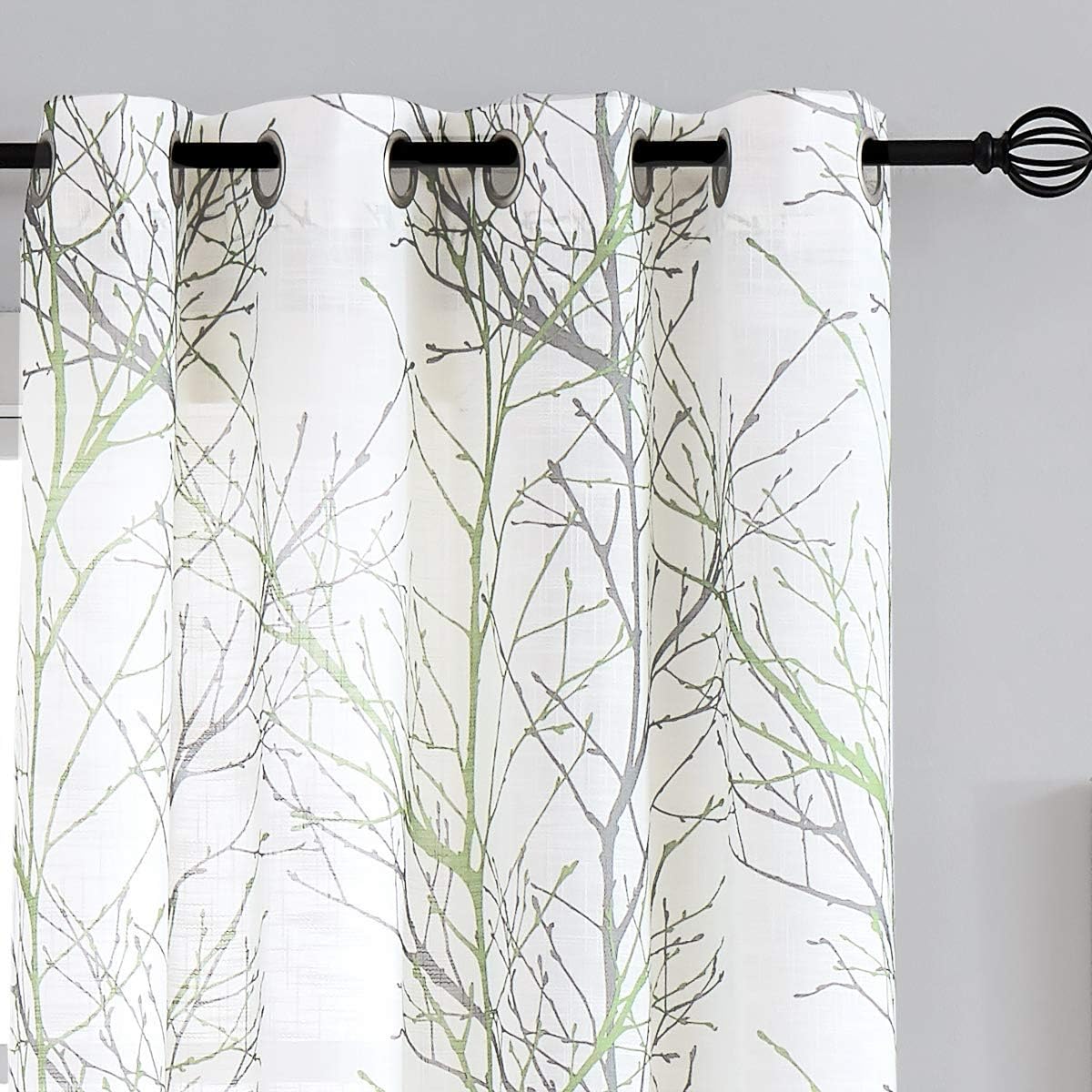 Fmfunctex Green Semi Sheer Curtains for Living Room 90 Drop Grey Voile Curtains for Bedroom Tree Branch Eyelet Curtain Linen Textured Light Filtering Window Curtain Drapes for Dining Room 2 Panels - Image 4