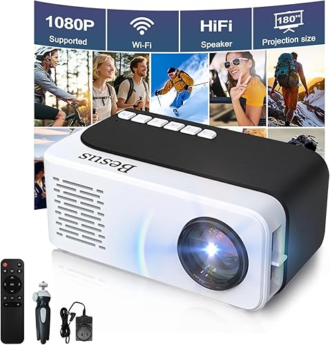 Mini Proyector, Proyector de Video WiFi HD 1080P, Proyector Portátil para Exteriores con Trípode, Regalo para Niños, Proyector de Cine en Casa para