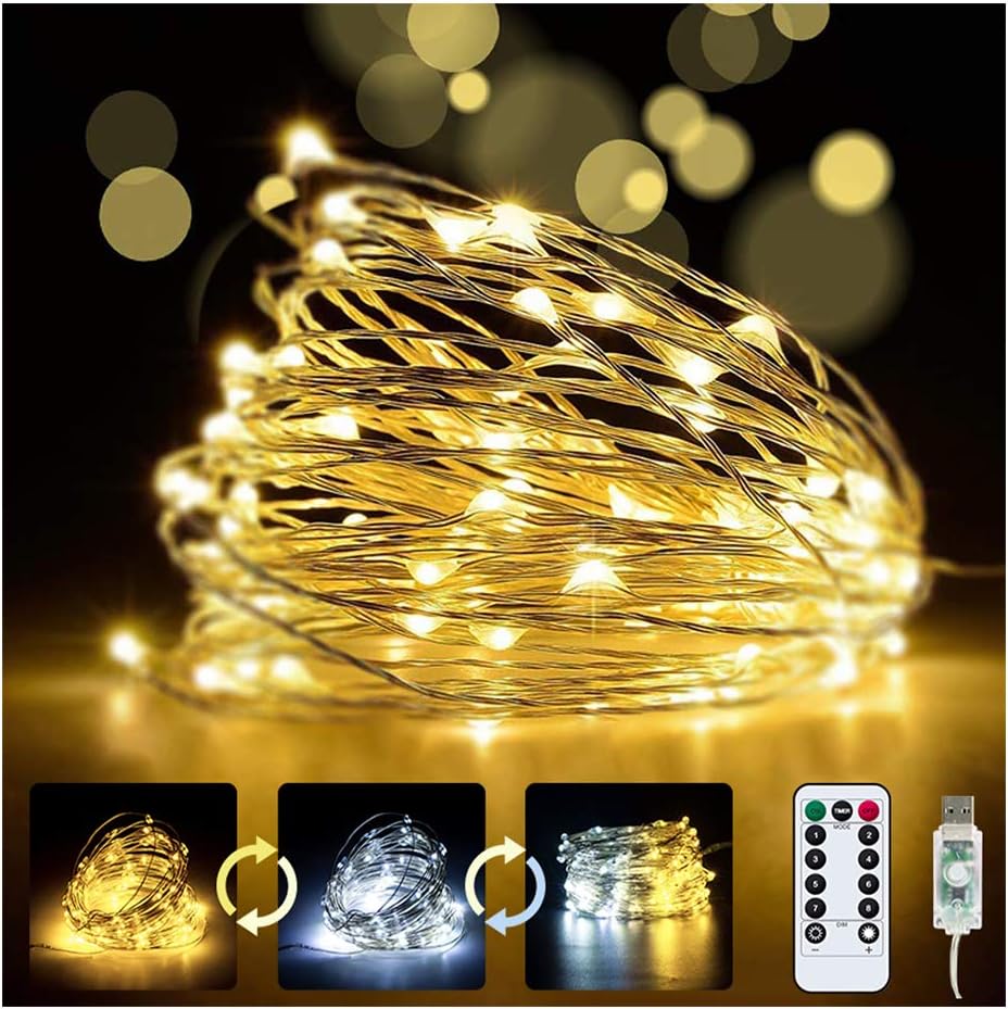 JOLALIA Ry Color Changing LED Fairy Lights with Remote,USB Power LED String Lights,33Ft 100LEDs 8 Modes Copper Wire Fairy Light for Bedroom,Patio,Garden(Warm White&Cool White& Combination Color)