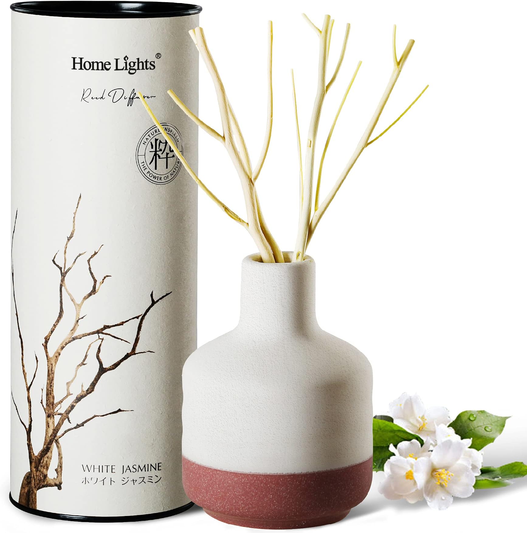 HomeLights Reed Diffuser for Home, Natural Sticks Aromatherapy Oil Set, Ceramic Bottle, White Jasmine & Tuberose Fragrance Decorative Aromatherapy Diffuser, 150ml/5.12 fl.oz