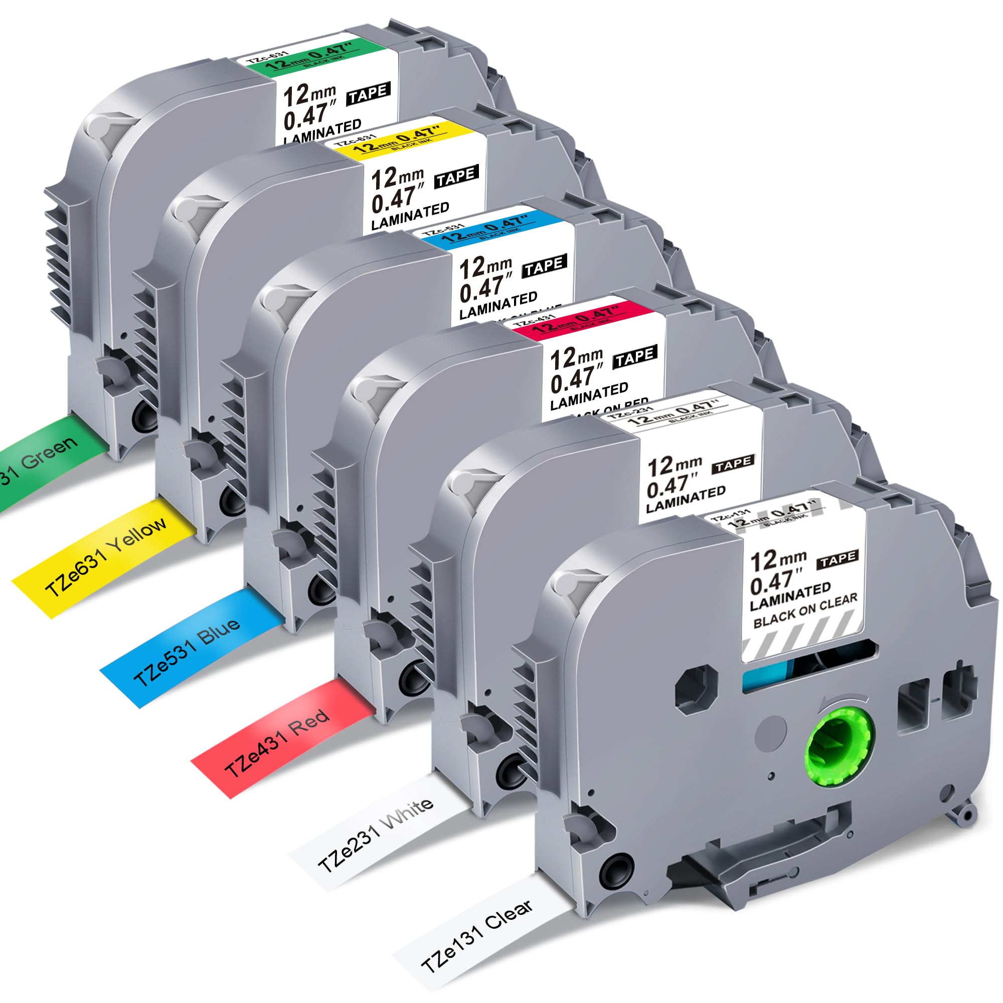 6 Pack Replacement for Brother P Touch Label Maker Tape TZe Tz Tape 12mm 0.47 Laminated White/Clear/Red/Yellow/Blue/Green Compatible with Brother P-Touch Label Maker PT-D210 PT-H110 PT-D220