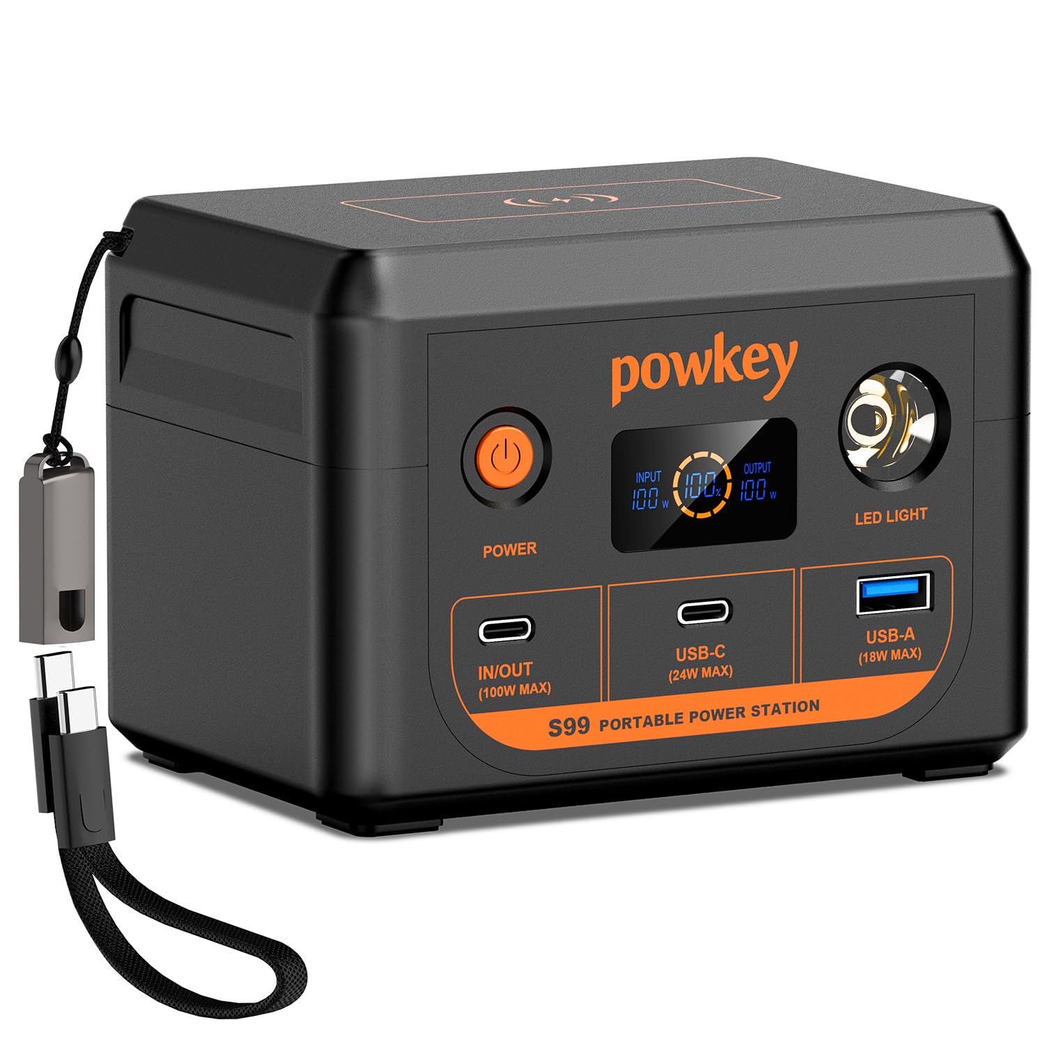 POWKEY Tragbare Powerstation, 30000mAh Laptop Powerbank 96Wh LiFePO4 Akku, Solar Power Station mit 100W USB-C-Schnellladung & LED-Licht für Tablets，iPhone, MacBook, Samsung und mehr