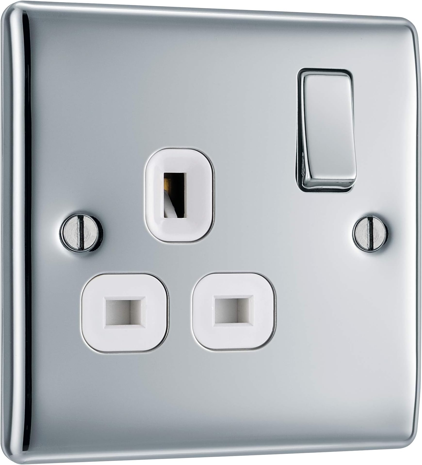 BG Electrical Single Switched Power Plug Wall Socket, Raised and Slim Profile, Round Edges, Nexus Metal, Polished Chrome, White Inserts, 13A, NPC21W