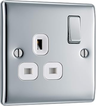 BG Electrical Single Switched Power Plug Wall Socket, Raised and Slim Profile, Round Edges, Nexus Metal, Polished Chrome, White Inserts, 13A, NPC21W