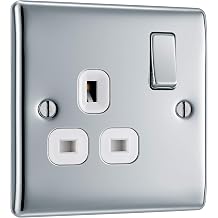 BG Electrical Single Switched Power Plug Wall Socket, Raised and Slim Profile, Round Edges, Nexus Metal, Polished Chrome, White Inserts, 13A, NPC21W