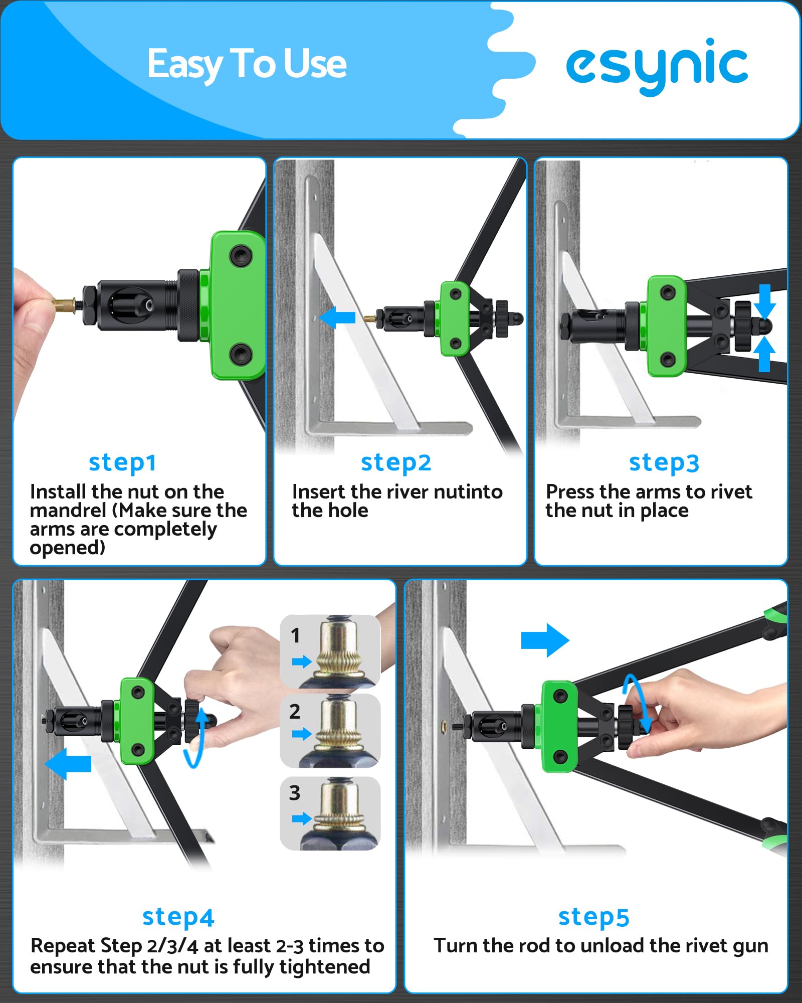 eSynic Kit de tuerca de remache manual resistente de 14 pulgadas con 6 mandriles métricos, 150 tuercas de remache