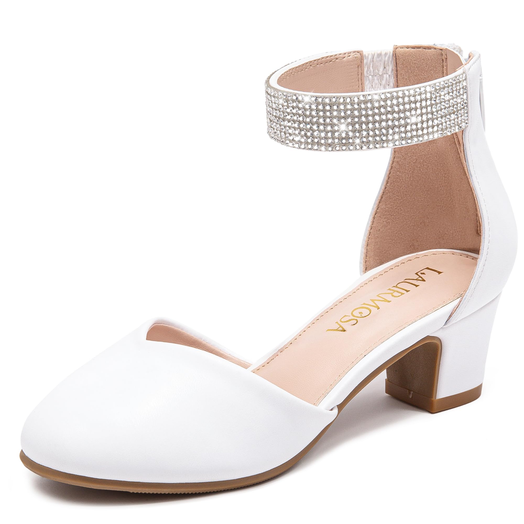LAURMOSA Mädchen Pumps mit Strass Riemchen Stöckelschuhe Kinder Geschlossene Zehenkappe Festliche Schuhe für Hochzeit Party Geburtstag
