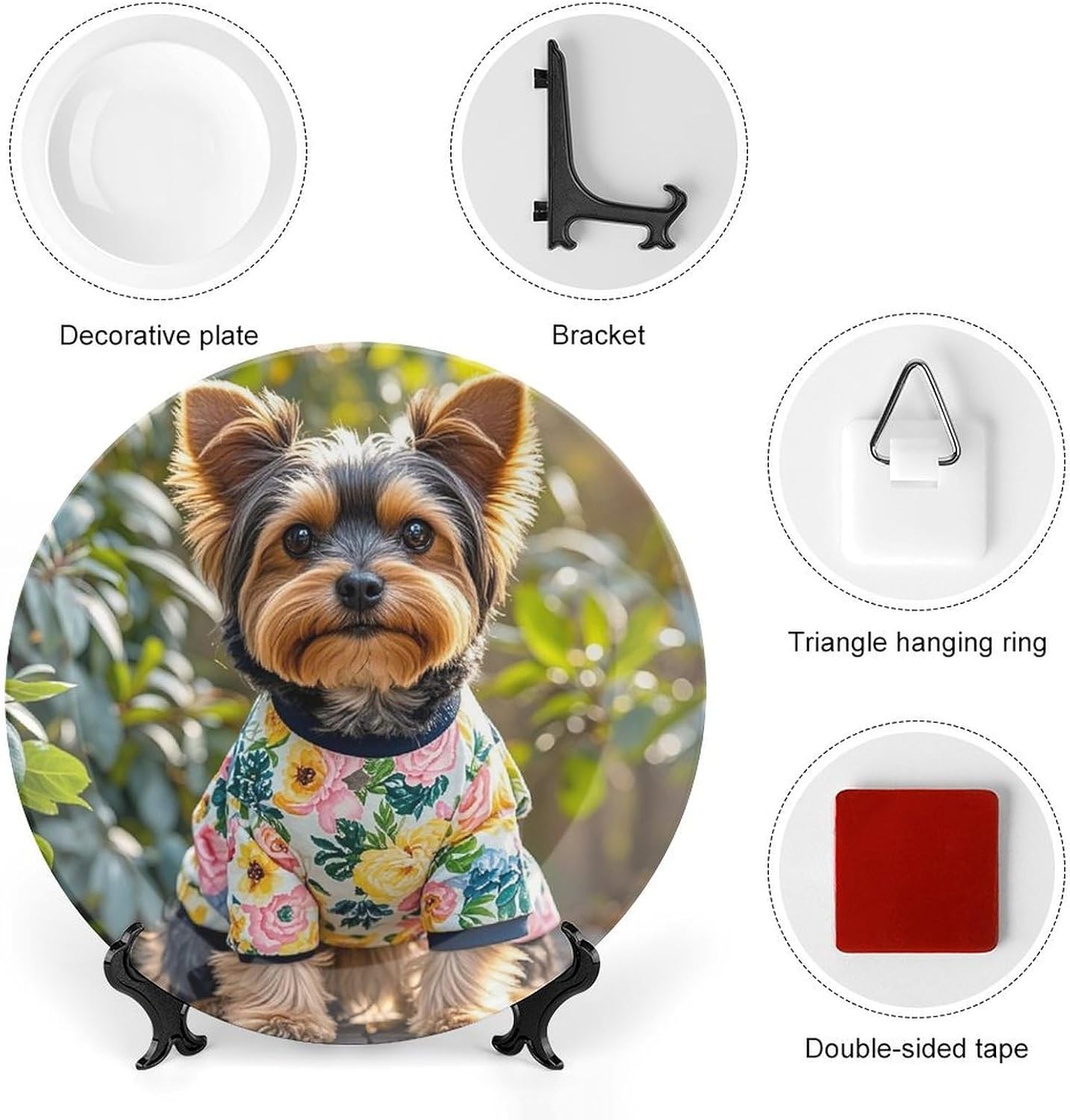 Yorkie Floral Ceramic Plate 10inch Decorative Bone China Wall Hanging Ornament Plates Bohemian Style Dinner Plate with Display Stand Cabinet Display Plates for Home Art Decor