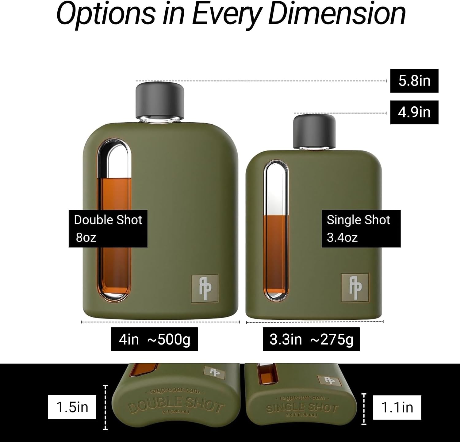 Ragproper Modern Glass Hip Flask for Men | Cork & Silicone Lid Liners | Firm Grip | Curved Edges | Durable Silicone Covered Flask for Whiskey | Liquor | Sprits | 100ml Single+ 240ml Double | Green