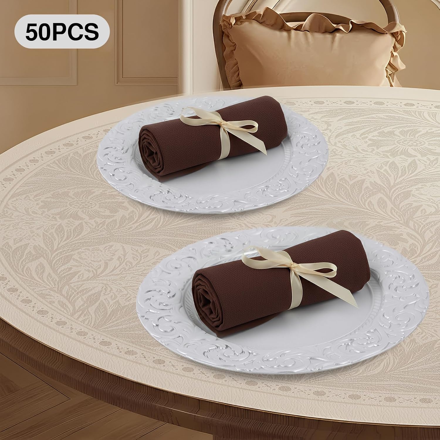 50 Pcs Antique Charger Plates Bulk, 13 Inch Plastic Embossed Round Dinner Chargers, Reusable Serving Plastic Embossed Dinner Chargers for Wedding, Party, Table Decoration (Silver)