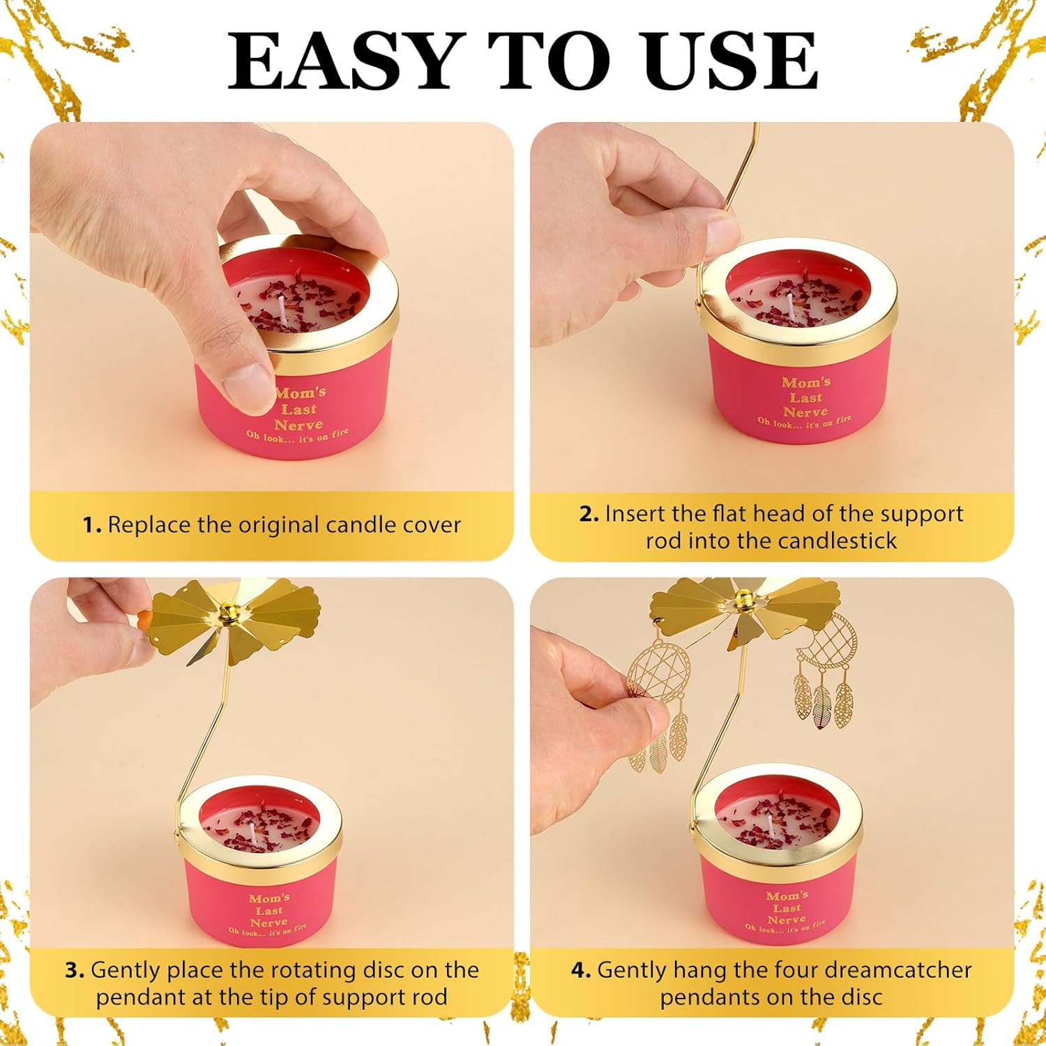 Condition photo showing New/Like New for Candle Gifts for Mom, Moms Last Nerve Candle, Christmas Mothers Day Gifts for Mom Funny Birthday Present for Women Mama Dream Catcher Rotating Scented Candles Oh Look Its On Fire