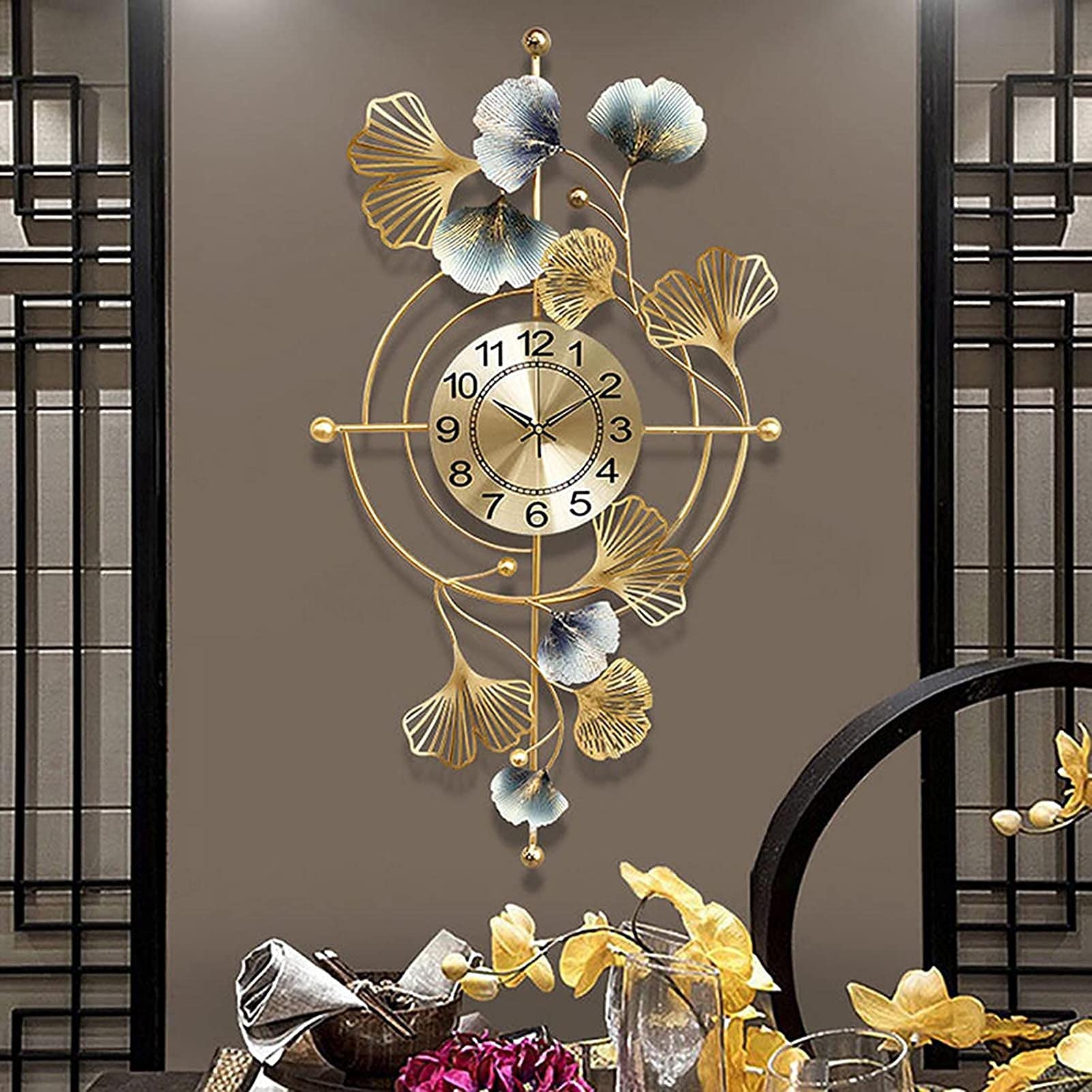 SaryEdge Creative Wall Clock Silent Art Decor Wall Clocks Weatherproof Large Metal Ginkgo Leaves Wall Clock Operated for Home Living Room Kitchen Bedroom,