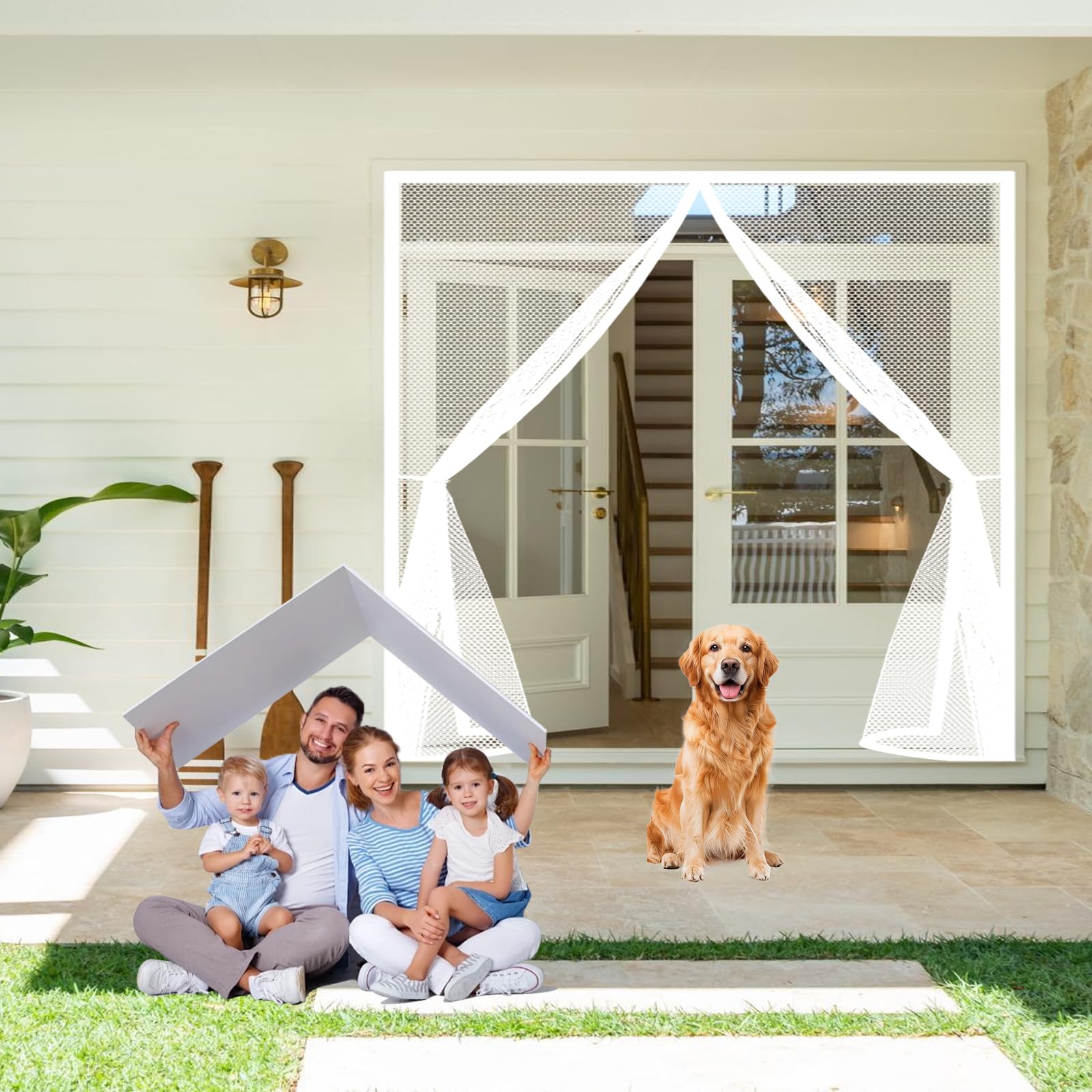 Door Fly Screen 155 x 195 cm Keep Bugs Out, Full Frame Magic Tape, Powerful Magnets, Self Sealing, No Drill Installation, Magnetic Door Fly Screen for Balcony Bedroom Doors, White