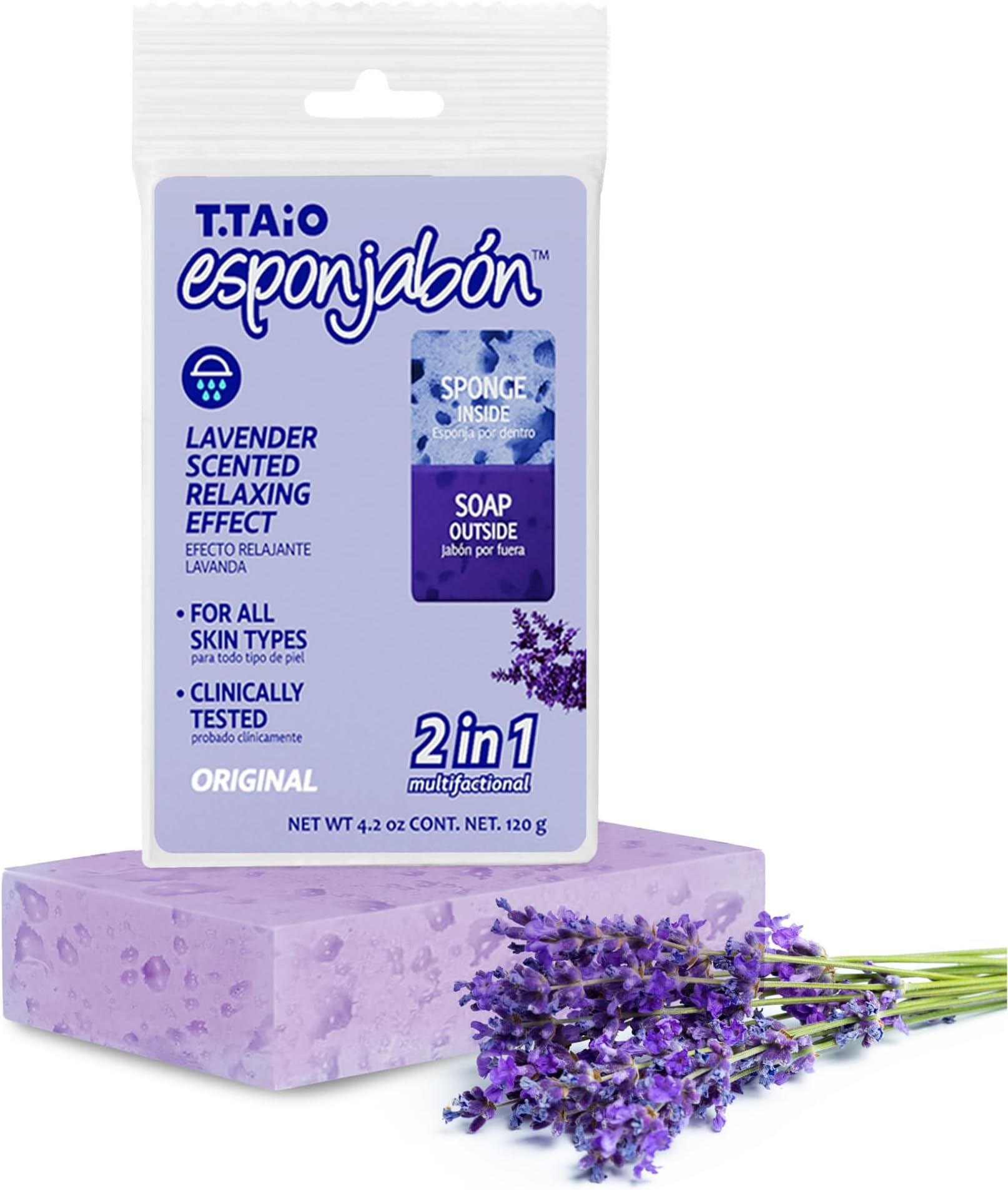 T.Taio Esponjabon Soap Sponge - Cleansing Shower Scrubber - Cleaning Bath Wash Scrub - Oil Removal - Massage & Lather Foot, Elbow, & Face - Bathroom Accessories (Lavender)