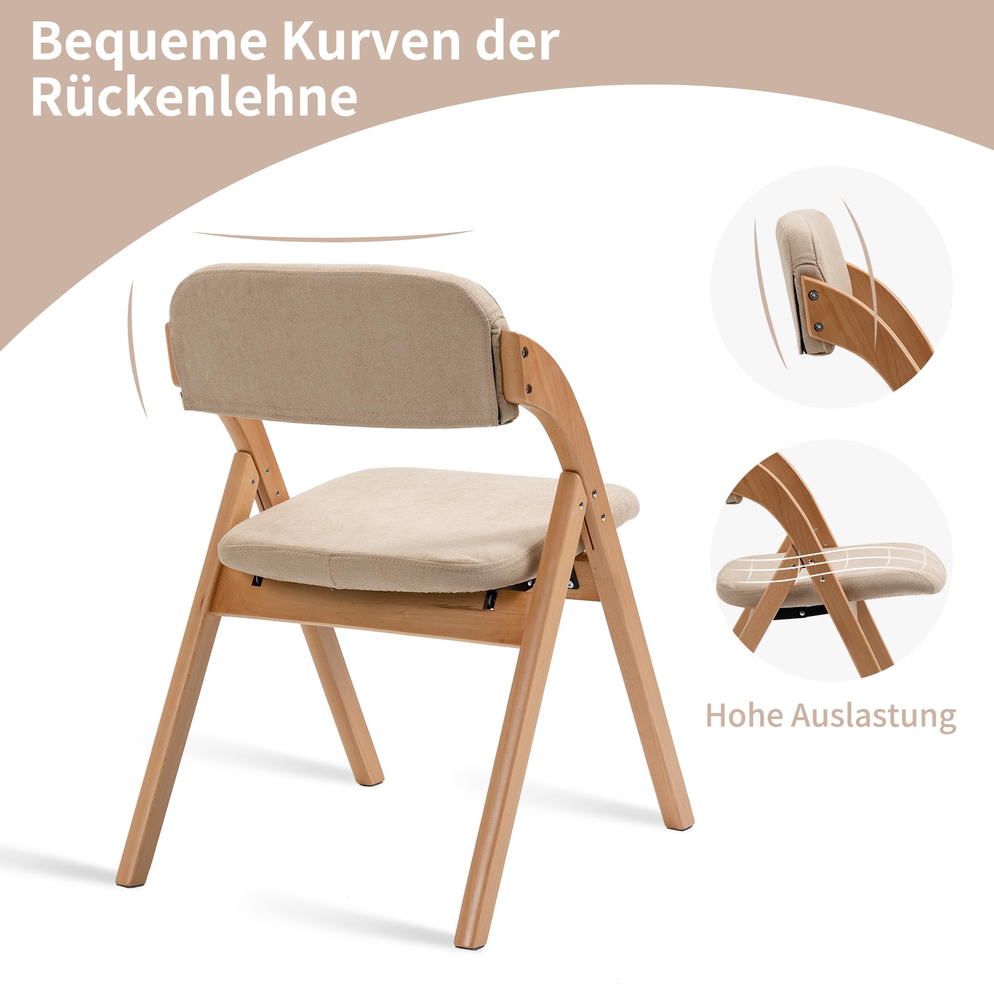 Klappstühle Set aus 2 stapelbaren Holz-Esszimmerstühlen mit gepolsterten Sitzen und abnehmbarem Bezug