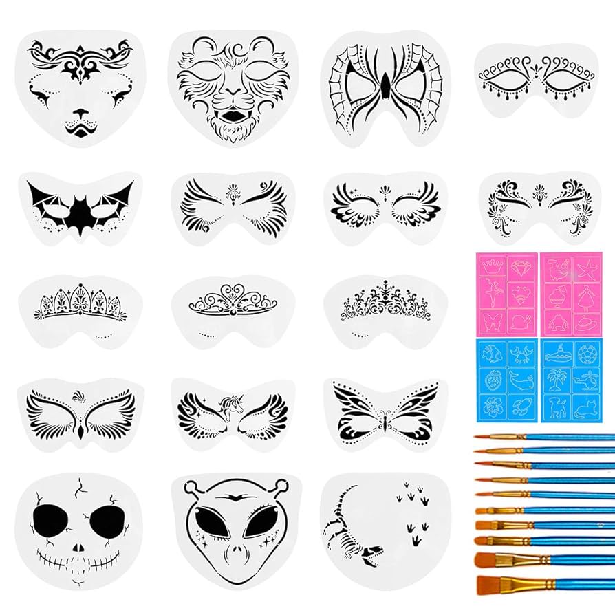 amazon-com-31-pieces-face-stencils-kit-17-reusable-large-face-paint-stencils-4-small-stick-paint-stencils-and-10-pieces-painting-brushes-for-kids-face-painting-tattoo-stencils-holiday-halloween-makeup for Face Painting Stencils Printable Free Amazon.com: 31 Pieces Face Stencils Kit, 17 Reusable Large Face Paint Stencils, 4 Small Stick Paint Stencils and 10 Pieces Painting Brushes for Kids Face Painting, Tattoo Stencils, Holiday Halloween Makeup for Face Painting Stencils Printable Free