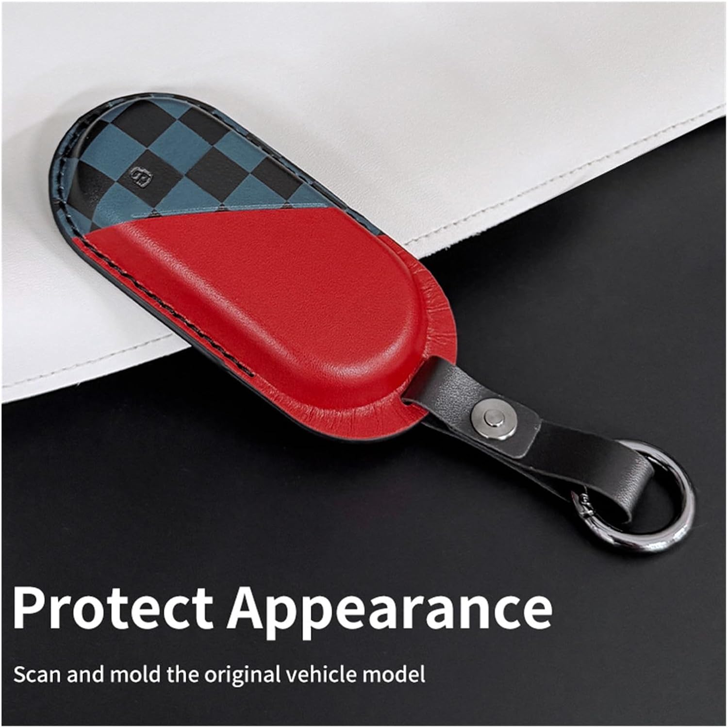 Compatible with Mini Cooper J01 J05 U25 F65 F66 PU Leather Car Key Case Cover Protector Remote Holder Shell Keychain Car Accessories(Black and red rice)
