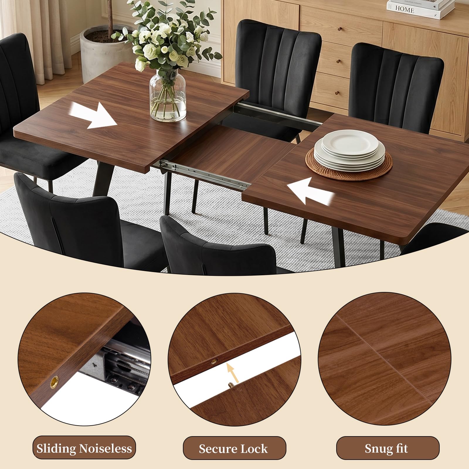 JIEXI Ausziehbares Esszimmer-Set mit 6 Stühlen, platzsparender Tisch aus MDF-Holz und stabilem Metallgestell, ideal für Esszimmer, Küche und Wohnungen – Tisch in Walnussoptik + schwarze Samtstühle