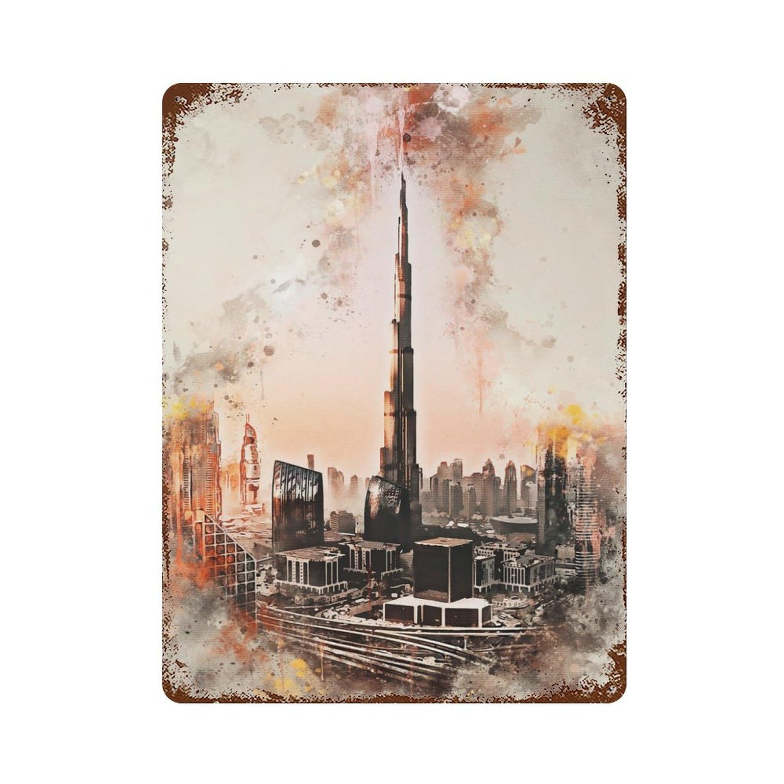 Burj Khalifa in Watercolor 15.7"x11.8" Retro Metal Sign, Industrial Home Decor for Basement, Hobby Room And Garage Decor