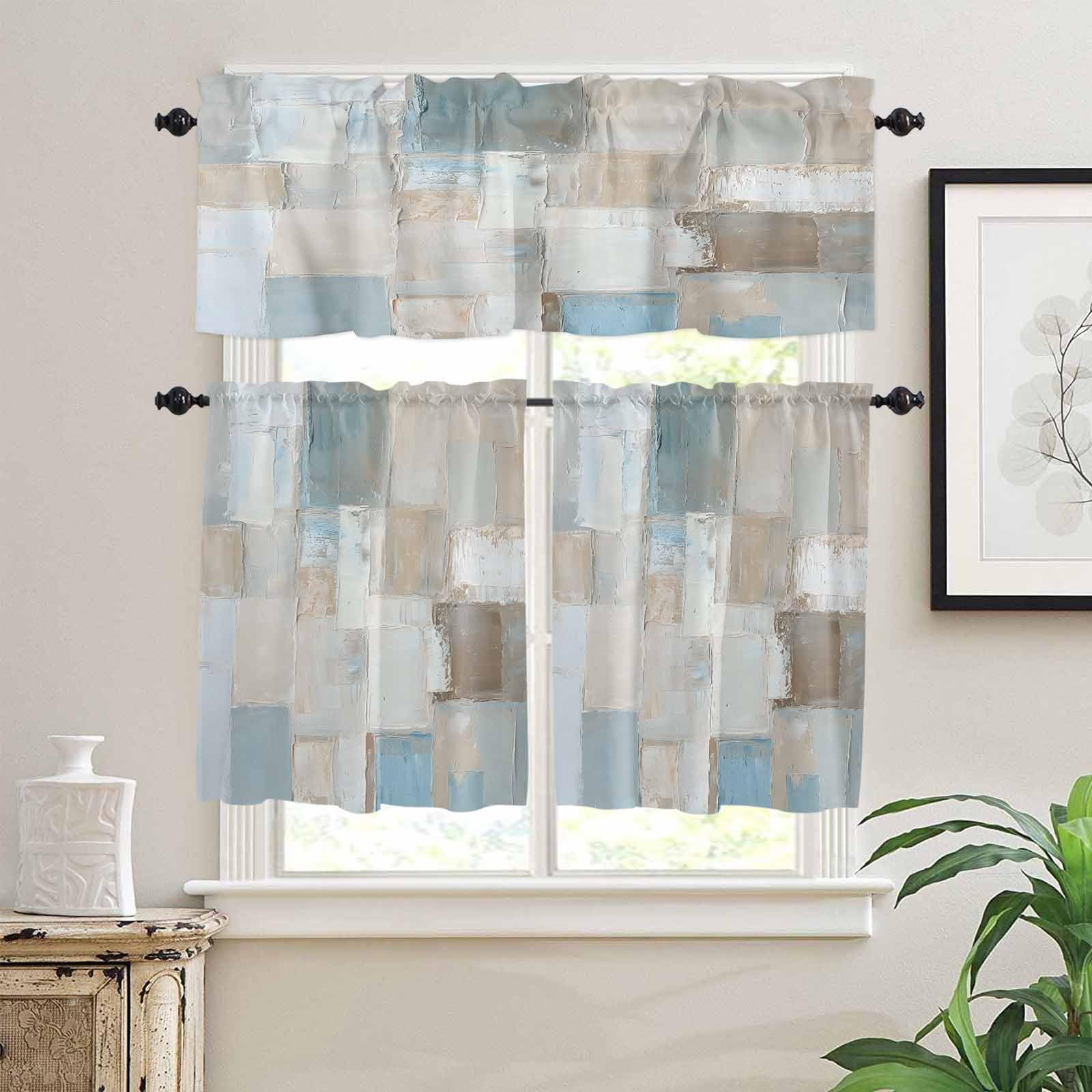 Blue Brown Color Blocks Kitchen Curtains 24 Inch Length,3 Piece Rod Pocket Small Half Tiers and Valance Set,Modern Abstract Oil Painting Art Small Large Window Treatment Decor for Bedroom/Bathroom