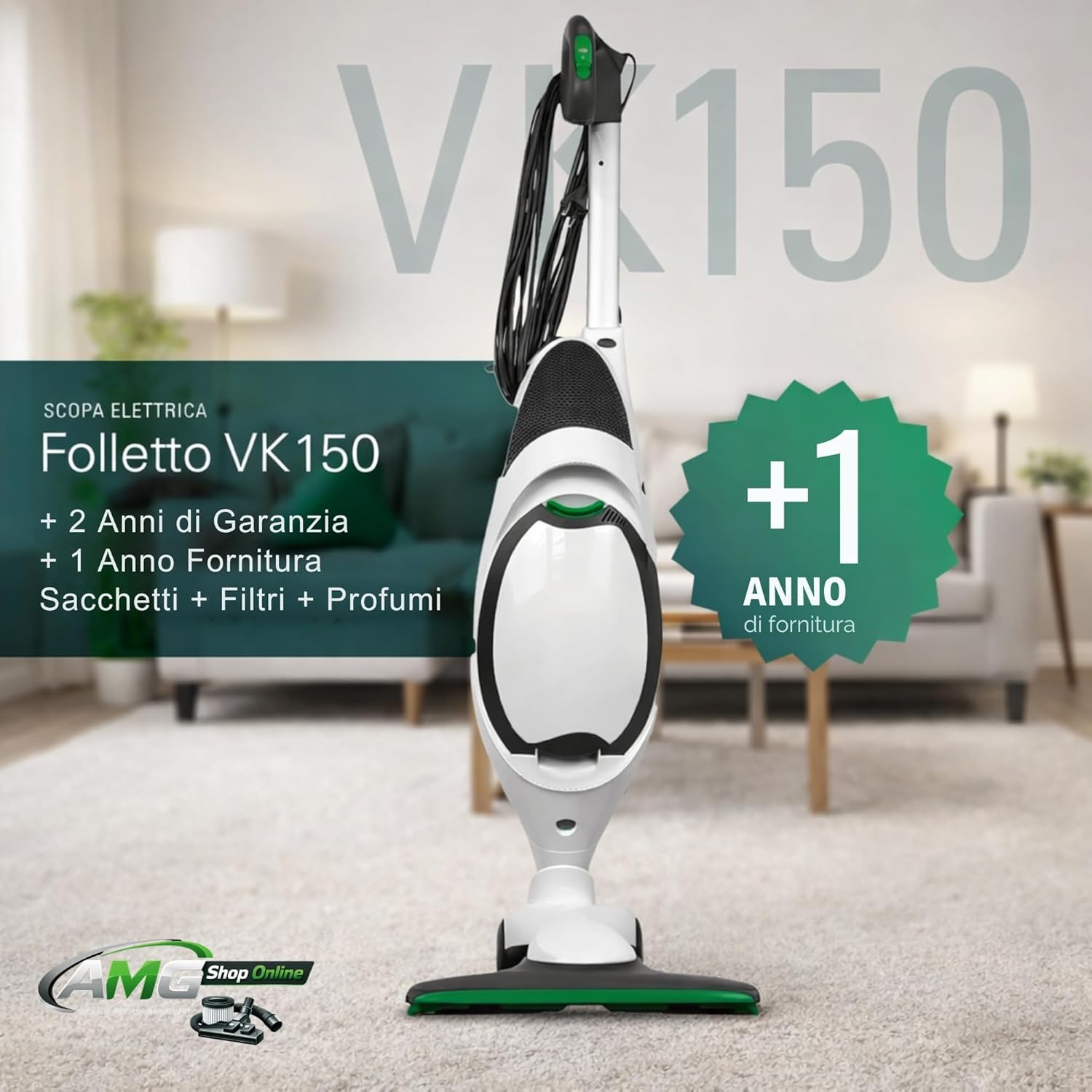 Aspirapolvere FOLLETTO VK150 + 6 SACCHETTI + PROFUMINI + TUBI, Con Motore 60.000 giri/min, Emissione Polveri 0,0001 mg/m³, Sacco 2,5 L, PESO: 3 Kg