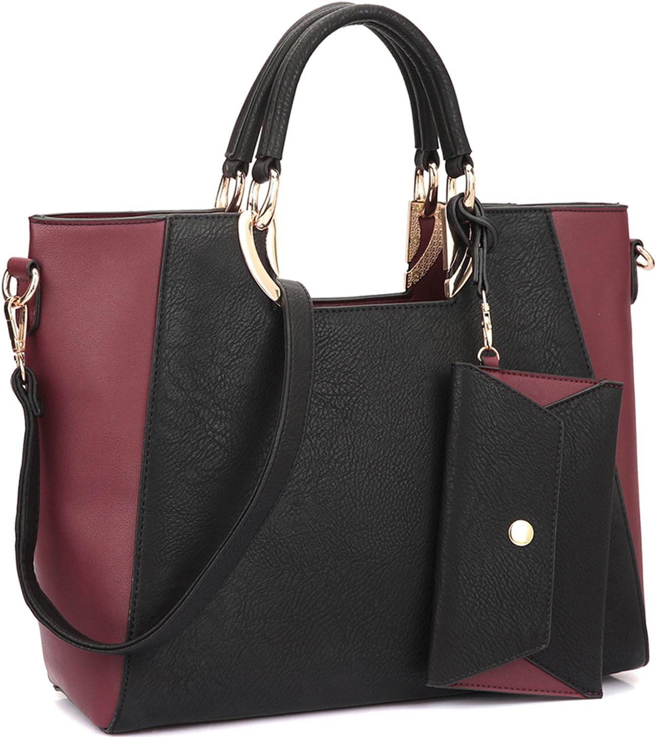Women's Two-Tone Vegan Leather Tote Purse Large Top Handle Satchel Work Bag with Matching Wristlet