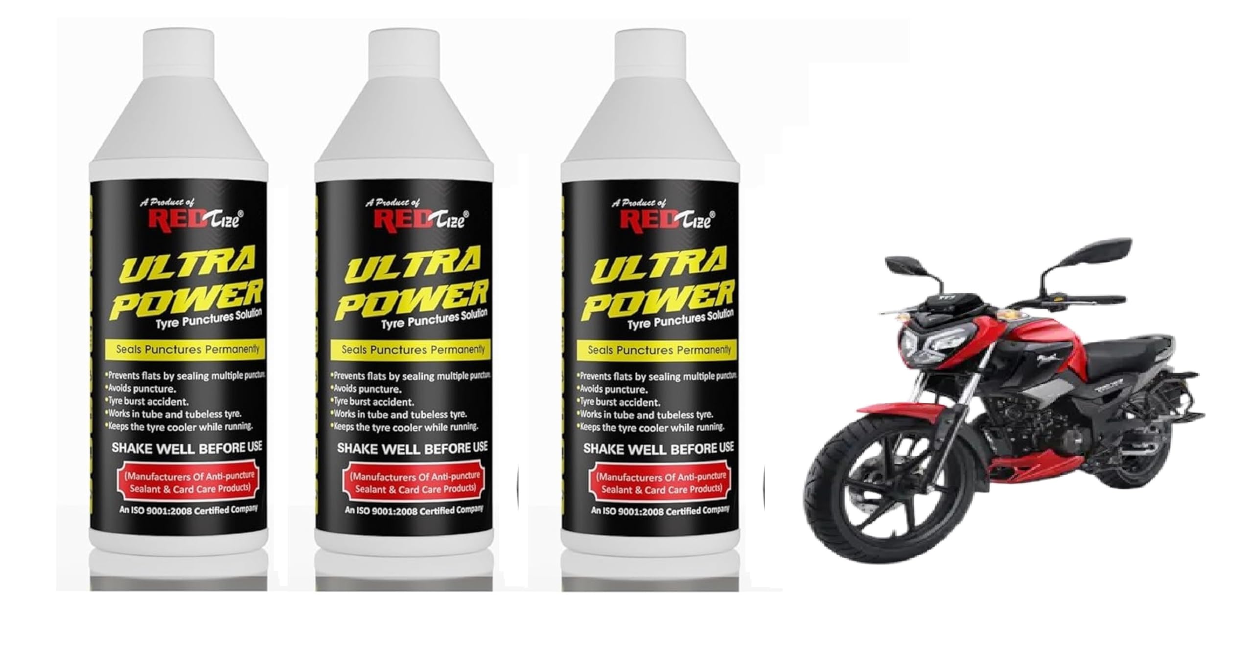 REDTIZE Ultra Power Tyre Puncture Solution, Permanent Sealant for Tube and Tubeless Tyres, Black, 3 Pack