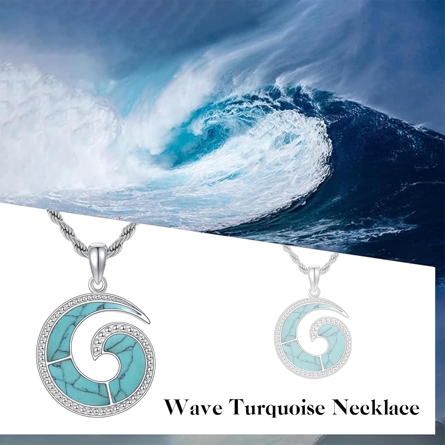 Wave Necklace 925 Sterling Silver Ocean Wave Turquoise Pendant Necklace Sea Ocean Beach Jewelry Gifts for Women