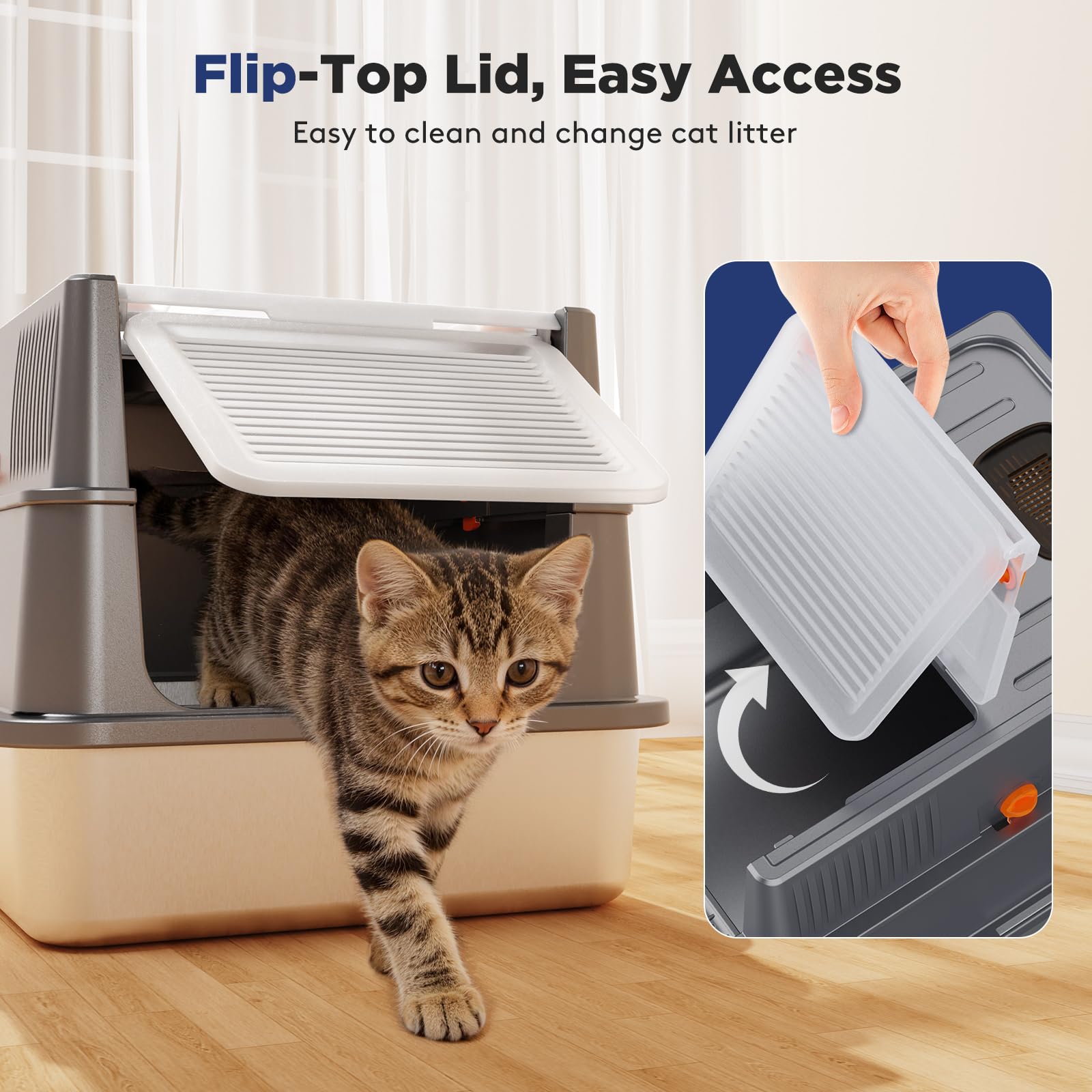 FURTIME Pequeña caja de arena cerrada de acero inoxidable con tapa para gatitos | Caja de arena de metal para gatos pequeños, caja para gatos con caja de alta cara y cuchara, sin olor, antifugas, color gris