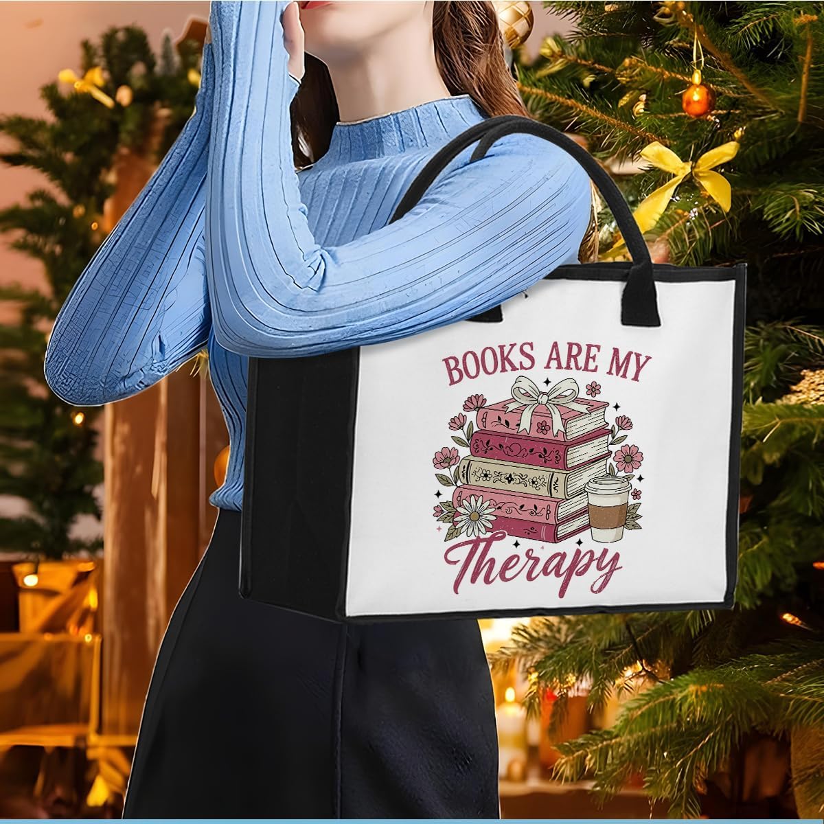 Bookish Gifts for Book Lovers Pink Daisy Book Tote Bag Christmas Woman's Birthday Gift for Women Librarian Readers -Books Are My Therapy - Image 2