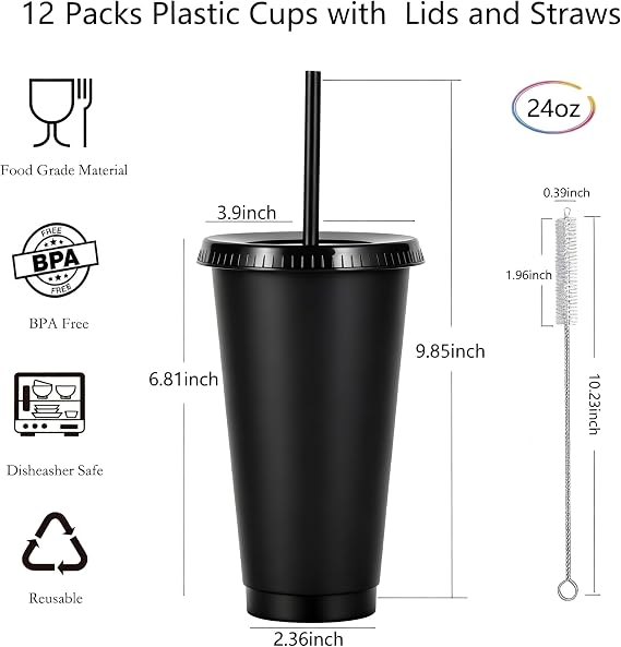 24 oz Reusable Plastic Cups, Custom Cups for Party with Lids and Straws, 12 Pack Iced Coffee Travel Mugs or Mean Girls Party Tumblers, Leak-Proof Coffee Travel Mug (12, Black)